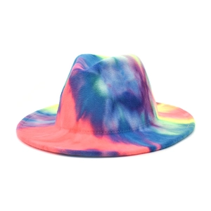 Tie-dye wool fedora hat with vibrant multi-color gradient and wide brim for travel