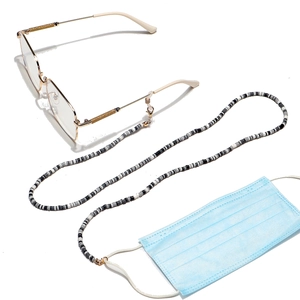 Detail of handmade black grey and white polymer clay bead chain for glasses and masks