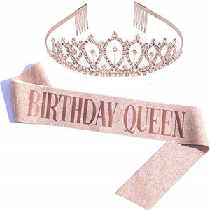 Rose gold glitter Birthday Queen sash and sparkling rhinestone tiara party accessory set