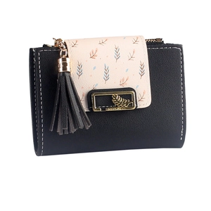 Minimalist bifold wallet for women with leaf pattern flap and tassel pendant