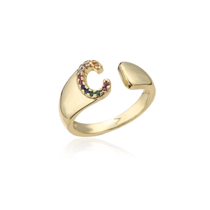 Close-up of 18K gold letter C open ring featuring vibrant multi-color zircon stones