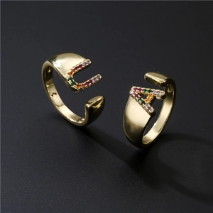 Adjustable 18K gold plated initial rings with colorful crystals letters A and U