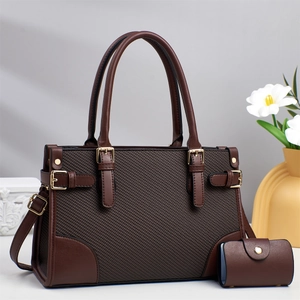 Detailed shot of brown textured tote bag with golden buckles and mini card holder