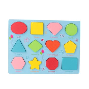Educational wooden shape sorter puzzle board with 12 colorful geometric blocks for kids