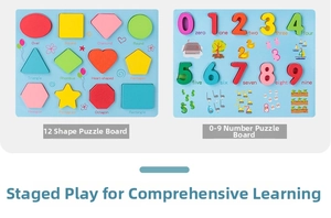 Detail view of wooden educational puzzles featuring geometric shapes and numbers for toddlers