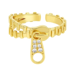 Gold plated zipper ring with sparkling rhinestones in an adjustable open band design