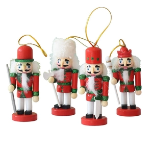 Set of four 10cm wooden Christmas nutcracker soldier ornaments with golden hanging strings