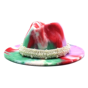 Tie-dye wool fedora hat with white pearl band for men and women on white background