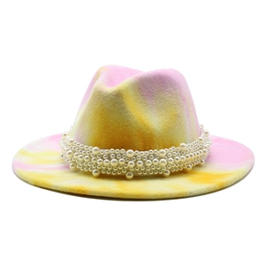 Tie-dye pink and yellow wool fedora hat with a wide pearl band for men and women