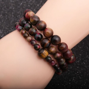 Natural Tiger Eye Stone Beaded Bracelet Peacock Polished Round Gemstone Elastic Handmade Casual Jewelry For Men