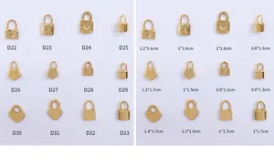 Size chart showing 12 heart and star gold-plated lock pendants with measurements