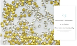 Macro detail of premium sparkling crystal rhinestones with golden metal base plating