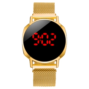 Sleek gold LED touch screen watch with black face and magnetic mesh band showing 9:02