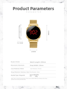Detailed specifications of gold LED watch with magnetic mesh strap and 35mm dial