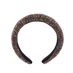 Baroque style headband with multi-color rhinestones on thick black velvet base