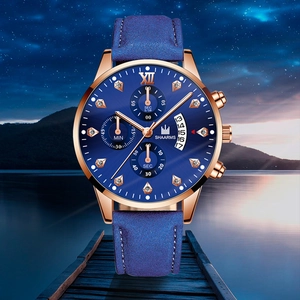 Detail of blue business watch on a wooden dock under a starry sky background