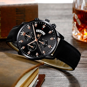 Shaarms men's business watch with black dial and rose gold roman numerals on leather strap