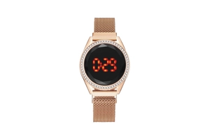 Detail of rose gold LED digital watch with crystal bezel and magnetic mesh band