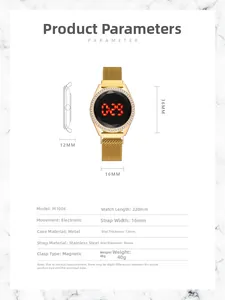 Detailed size specifications for LED watch with mesh band and magnetic closure