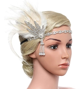 Close-up of 1920s Gatsby headband featuring peacock feathers, rhinestones and pearls