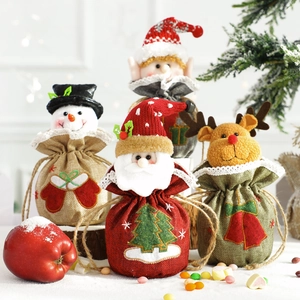 Christmas Drawstring Gift Bags Santa Snowman Reindeer Elf Embroidered Linen Candy Bags For Holiday Party Home Decoration