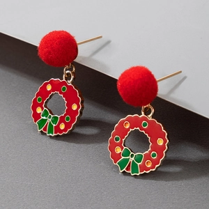 Christmas wreath earrings with festive red pom pom and green bow accents for women
