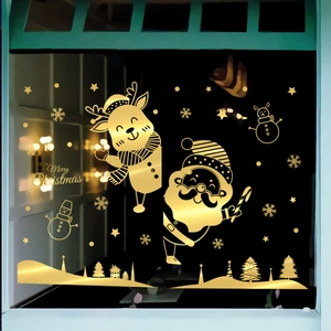 Christmas Window Stickers Gold Brushed Static Cling Santa Reindeer Snowman Snowflake Holiday Glass Decoration Decals