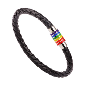 Braided black leather bracelet featuring a rainbow magnetic metal clasp on white background