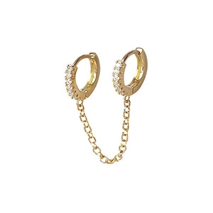 Elegant gold double piercing chain earrings with cubic zirconia inlay for women