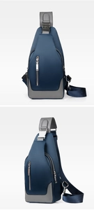 Detail view of the durable blue and grey oxford fabric on this men's outdoor chest bag