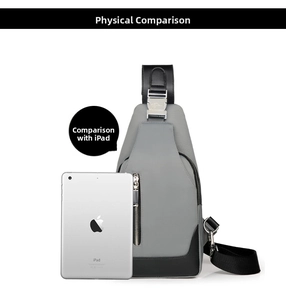 Mens waterproof oxford chest bag size comparison with tablet showing large storage