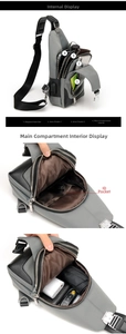 Internal view of grey oxford fabric sling bag showing multiple zipped storage compartments
