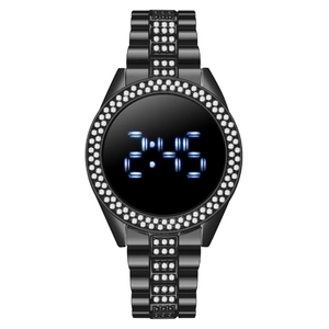 Fashionable LED touch screen digital watch for women with rhinestones and black band