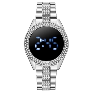 Fashion silver LED touch screen watch for women with rhinestone inlay and steel band