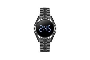 Detail of black metal LED watch face with sparkling rhinestones and blue digital time display