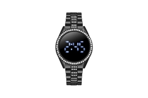 Detail of black digital watch with sparkling crystal-set bezel and blue LED time display