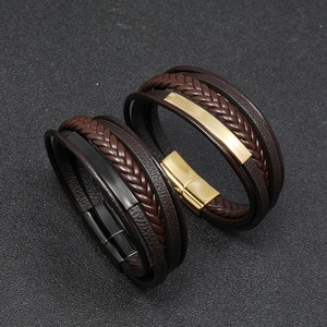 Men's multilayer braided leather bracelets with gold and black magnetic clasps