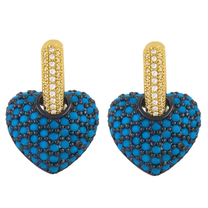 Golden heart drop earrings featuring turquoise beads and sparkling pavé crystals