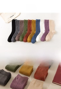 Detailed view of 10 color options for vertically ribbed cotton knit slouch socks