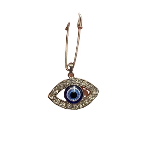 Vintage Turkish evil eye brooch with blue crystal and white rhinestones on silver metal