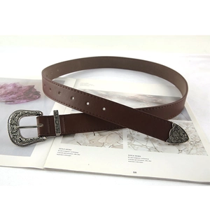 Three-piece set of retro western belts with brown leather and ornate floral metal buckles