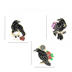 Gothic black crow enamel pins set with skulls and roses on environmentally friendly alloy