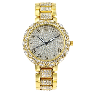 Montre à quartz dorée pour femme avec chiffres romains et pavée de cristaux brillants
