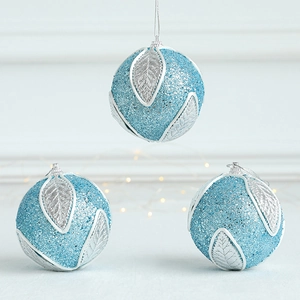Light blue 8cm Christmas ball ornament with glitter leaf pattern and silver hanging cord
