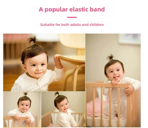 Detail shots of elastic hair bands for babies showing comfortable fit on fine hair