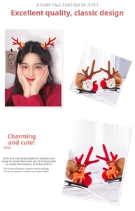 Detail showing plush Christmas reindeer antler headband and Santa Claus hair clips for kids