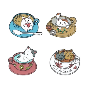 Set of 4 creative enamel pins featuring cute cats and rabbits in coffee cups