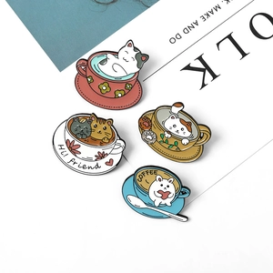 Cartoon enamel cat and rabbit coffee cup pins in creative alloy designs