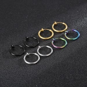 Stainless Steel Hoop Clip On Earrings Non Piercing Spring Loaded Minimalist Punk Style Jewelry For Men Women