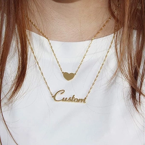 Personalized double layer gold name necklace with heart pendant and custom letter charm